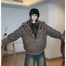 美式复古连帽豹纹男女双面穿座山雕棉服PU磨砂皮棉衣秋冬街头外套，男装棉衣，星座506A