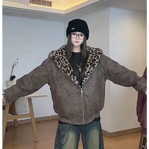 美式复古连帽豹纹男女双面穿座山雕棉服PU磨砂皮棉衣秋冬街头外套图片