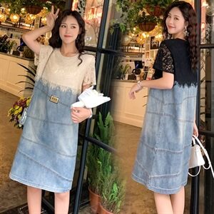 2021夏装新款牛仔裙女韩版夏装蕾丝拼接连衣裙宽松显瘦小个子图片