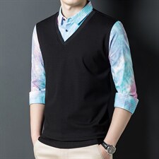 CA727钱塘2020-2春秋新款商务休闲简约中年男士假两件衬衣P65，男装衬衫，钱塘207-2