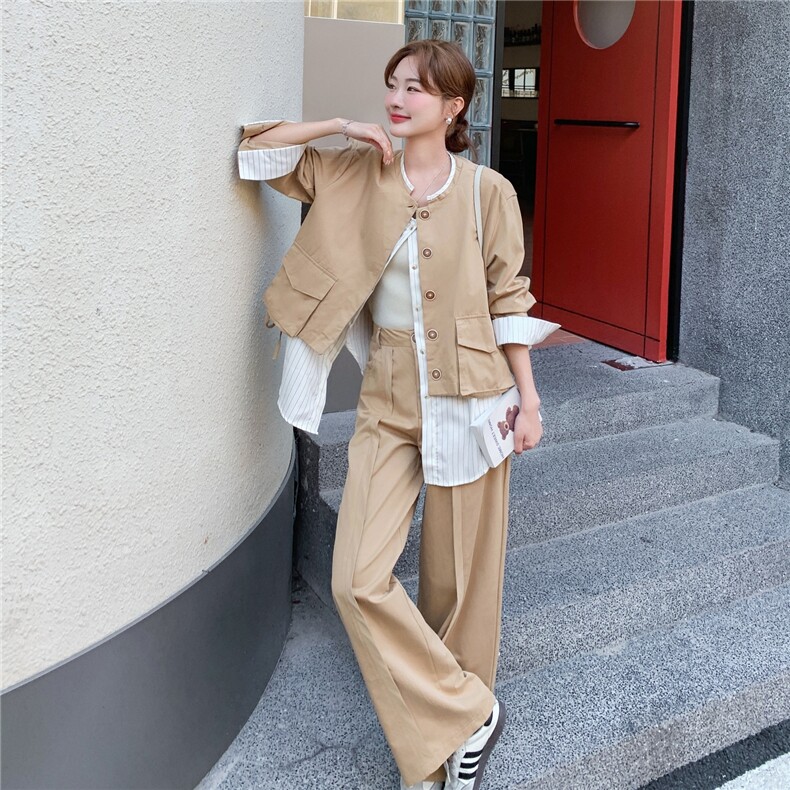 条纹拼接假两件外套直筒裤两件套2025秋季新款韩系卡其色淡人套装,女装套装/套裙,2C201