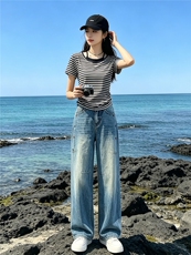 洋气时髦休闲时尚套装女夏新款圆领条纹短袖上衣直筒牛仔裤两件套，女装套装/套裙，江南