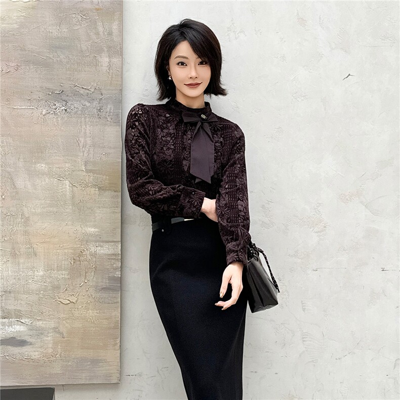 2025秋冬转新款百搭蕾丝法式蝴蝶结长袖小衫高级感上衣打底衫,女装蕾丝衫/雪纺衫,2C091