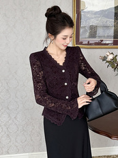 现货2025法式勾花V领植绒蕾丝双层时尚百搭显瘦洋气上衣，女装蕾丝衫/雪纺衫，火爆靓佳人