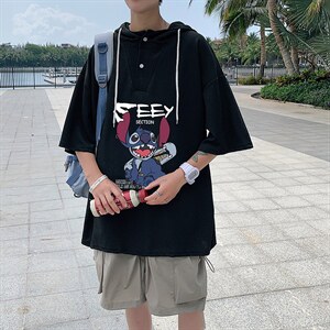 LD54038-P45 连帽短袖t恤男大码胖子带帽五分袖中袖图片