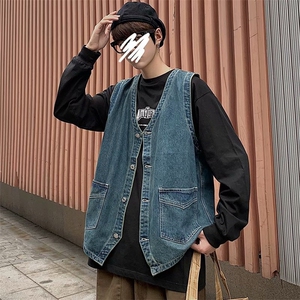 复古港风牛仔马甲男春秋口袋工装坎肩宽松潮流马甲外套 XM215-P55图片