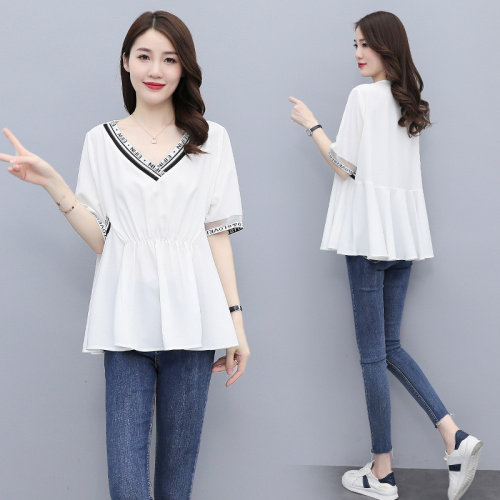 欧货2025新款女夏洋气大码女装遮肚子雪纺衫阔腿短裤，女装T恤，寒都衣屋