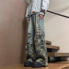 Rocawear24年秋重工水洗乱针绣破洞牛仔拼迷彩长裤【小鬼同款】，男装牛仔裤，星座813-2