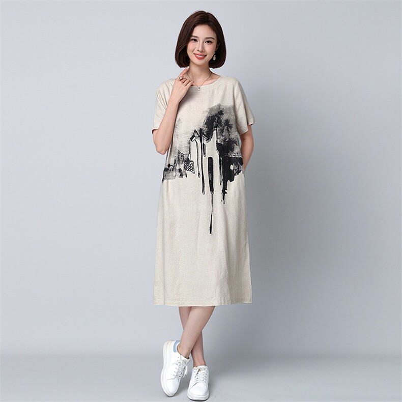 刺绣裙文艺风优雅中长款U型领麻短袖2492款,女装连衣裙,秋牧寒烟