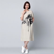 刺绣裙文艺风优雅中长款U型领麻短袖2492款，女装连衣裙，秋牧寒烟