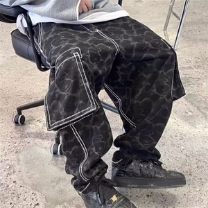 高街复古牛仔男2025春秋季新款提花束脚哈伦裤痞帅潮流休闲裤子图片