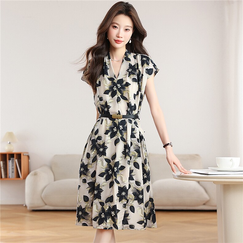 气质复古印花雪纺连衣裙女夏装端庄气质V领收腰中长裙洋气显瘦裙，女装连衣裙，艾米