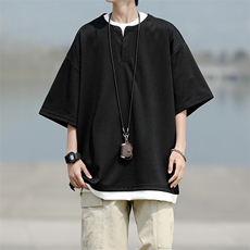 8XL-M重磅斜纹假两件短袖t恤男夏季薄款宽松大码半袖体恤DT006P45，男装T恤，电商B312