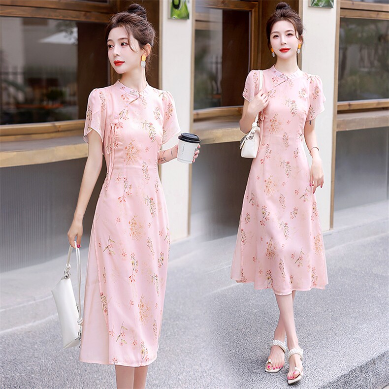 新款2024年夏季新中式改良旗袍修身显瘦气质连衣裙，女装连衣裙，盈茜