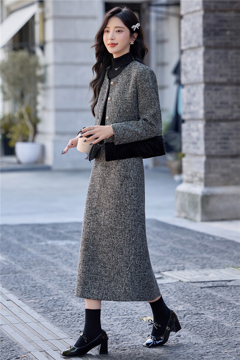 现货财阀千金系列小香风高级感黑白外套长裙时尚气质两件套女,女装套装/套裙,众宇琦