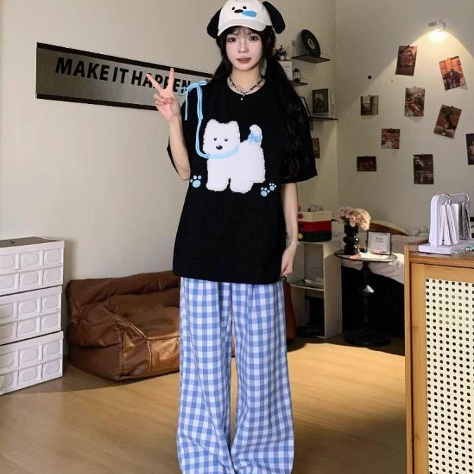 H0855-P35刺绣贴绒栓绳可爱小狗纯棉情侣款短袖t恤,女装T恤,星座617A-2