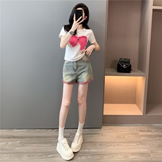 女夏新款韩版时尚休闲套装圆领刺绣蝴蝶结短袖上衣牛仔短裤两件套，女装套装/套裙，江南