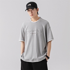 2024夏季新款华夫格假两件凹凸字母印花插肩短袖T恤T2313-P30，男装T恤，星座914-3