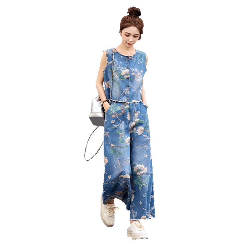 夏天无袖印花牛仔套装女2025超火夏装一整套时尚减龄九分裤两件套,女装套装/套裙,关键词