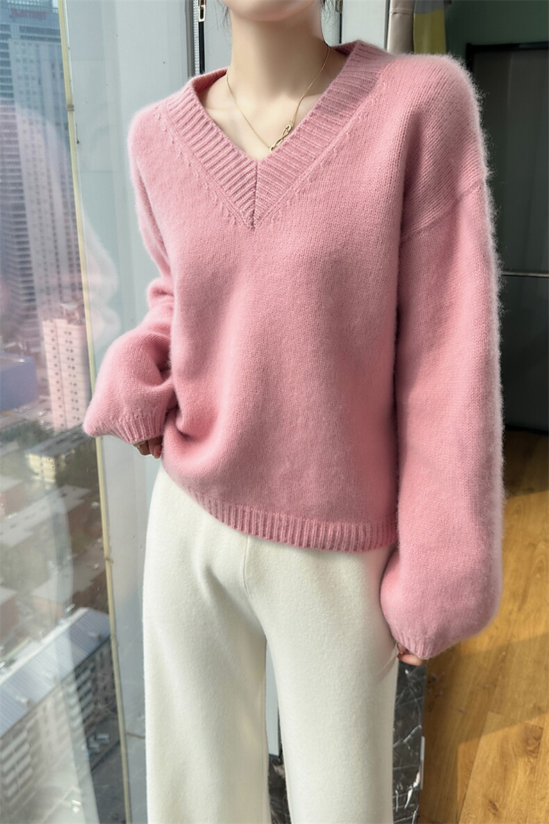 V领羊毛衫女秋冬季新款百搭时尚简约大气宽松保暖女上衣,女装羊毛衫,业大羊绒
