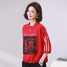 时尚宽松显瘦红色印花短袖T恤女夏季新款韩版百搭休闲上衣潮，女装衬衫，叶笙衣