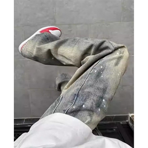 水洗脏染泼墨牛仔裤男潮牌裤子设计感直筒弯刀微喇裤 NA450图片
