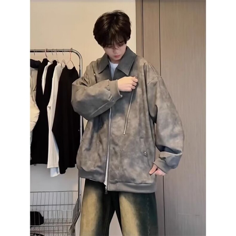 拉链设计外套男款春秋季穿搭高级感痞帅美式机车皮衣夹克潮JKL2,男装皮衣,星座516A