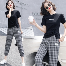 2021夏季时尚潮流修身格子裤纯色T穿着舒适清凉休闲两件套，女装连衣裙，奋斗女王