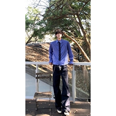 CS001NLL-特P50假两件带领带蓝色格子衬衫男长袖春秋衬衣外套，男装衬衫，星座1007（原301D）