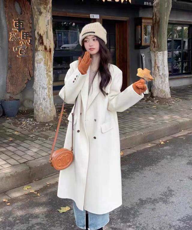 韩版气质西装款白色双面羊绒大衣简约百搭,女装羊绒大衣,依嘟服饰