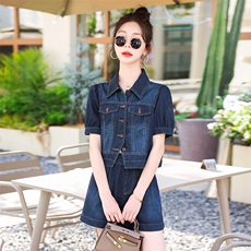 高级感时尚薄款牛仔套装女2025夏季新款小个子洋气百搭短裤两件套，女装套装/套裙，意芙