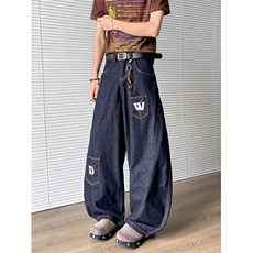 廓形弯刀牛仔裤男女春夏新款字母印花设计感宽松阔腿裤N6407-P52，男装牛仔裤，星座308B-1