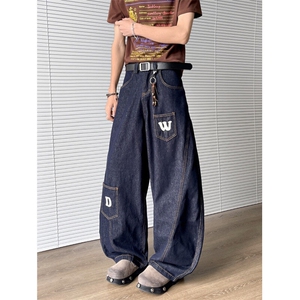 廓形弯刀牛仔裤男女春夏新款字母印花设计感宽松阔腿裤N6407-P52图片