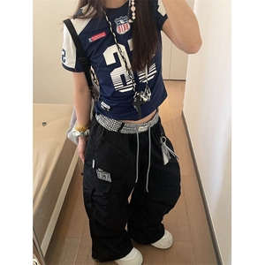 复古褶皱速干伞兵工装裤女夏季薄款阔腿裤宽松直筒休闲裤KB3056