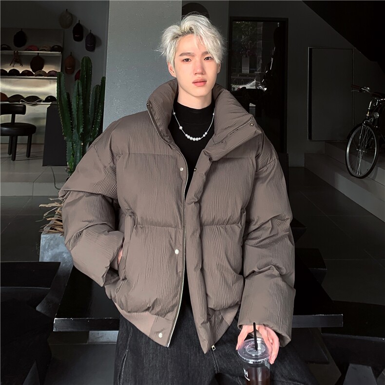 新货冬季压皱设计纯色立领棉衣男复古宽松BF保暖面包服外套my98,男装棉衣,电商C307