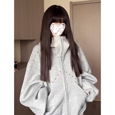 抖音得物高品质二开26春装美式高街铆钉拼接纯色开衫卫衣外套W122，女装短外套，电商A486-1