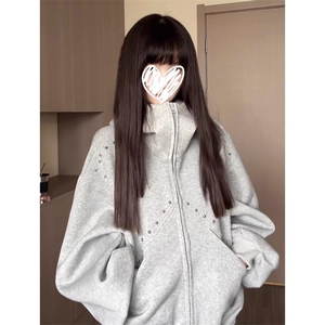 抖音得物高品质二开26春装美式高街铆钉拼接纯色开衫卫衣外套W122图片