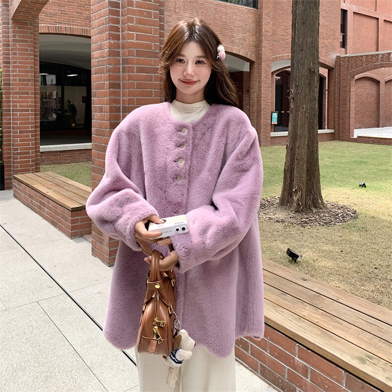 粉色仿貂绒皮毛一体外套女秋冬超火好看加绒加厚中长款羊羔毛大衣,女装皮草,浙宝276（原081）