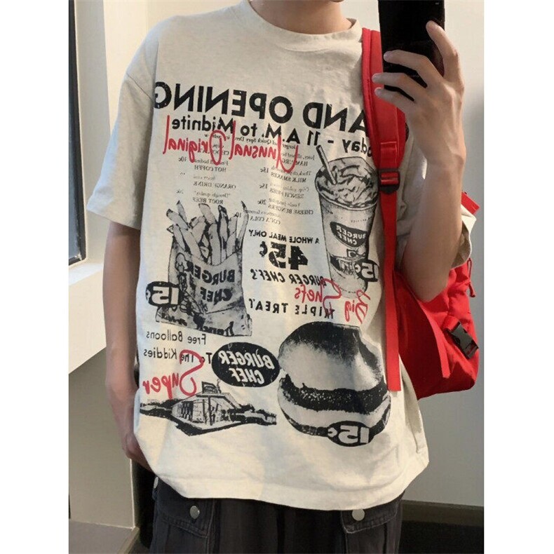 汉堡印花短袖T恤夏季潮牌美式半袖ins衣服宽松圆领重磅体恤T666,男装T恤,星座1116A（原606A-3）