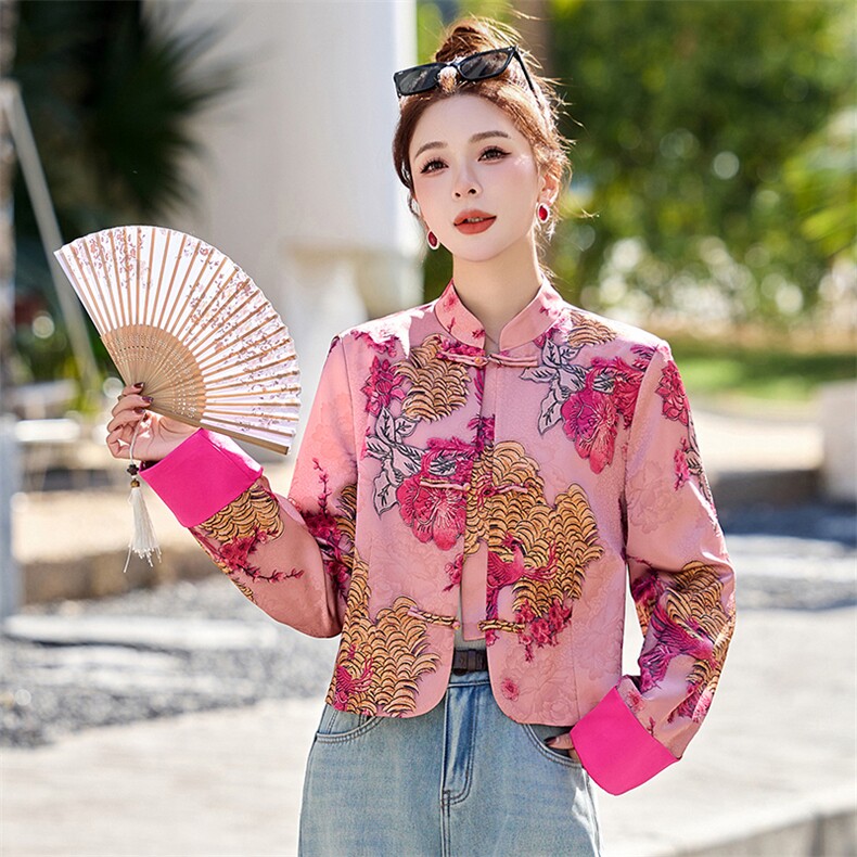 新中式国风印花盘扣外套女2025春新款独特超好看短款气质减龄上衣,女装短外套,韩宇舍