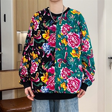 W1圆领大花大码卫衣拼接外套男撞色休闲套头衫潮团队服火锅店，男装卫衣，星座115A(原星座507）