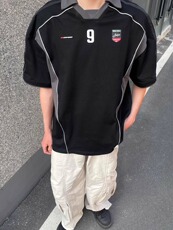 美式高街球衣运动翻领POLO衫男夏季宽松拼接撞色百搭短袖T恤上衣，男装Polo衫，四季星座505