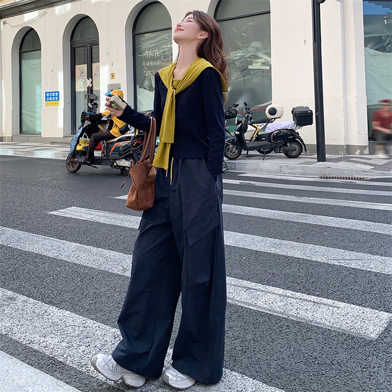 慵懒风撞色披肩长袖上衣工装阔腿裤两件套女2025秋季新款休闲套装,女装套装/套裙,纯色衣恋