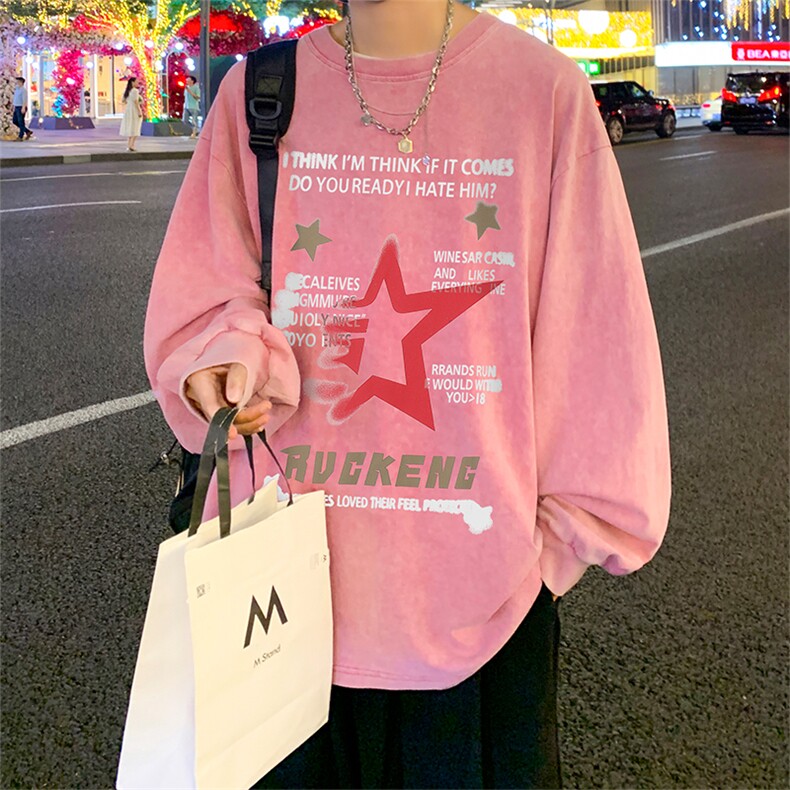 直播品质重磅纯棉美式蜡染水洗做旧潮牌宽松长袖t恤CT363特P38,男装T恤,电商A486