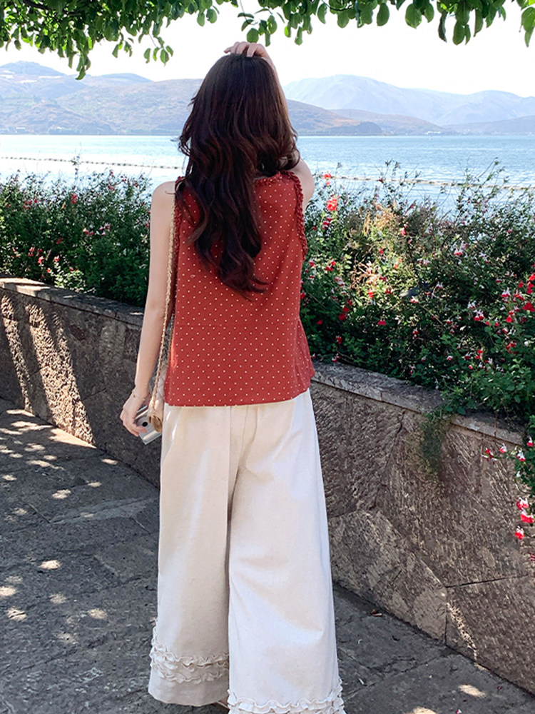 浪漫氛围感减龄复古波点上衣套装女2025夏新款木耳边阔腿裤两件套,女装套装/套裙,浙宝220
