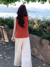 浪漫氛围感减龄复古波点上衣套装女2025夏新款木耳边阔腿裤两件套，女装套装/套裙，浙宝220