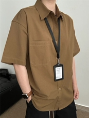老钱风棕色工装短袖衬衫男款夏季薄款美式慵懒感衬衣翻领半袖外套，男装衬衫，星座1302