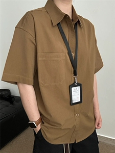 老钱风棕色工装短袖衬衫男款夏季薄款美式慵懒感衬衣翻领半袖外套图片