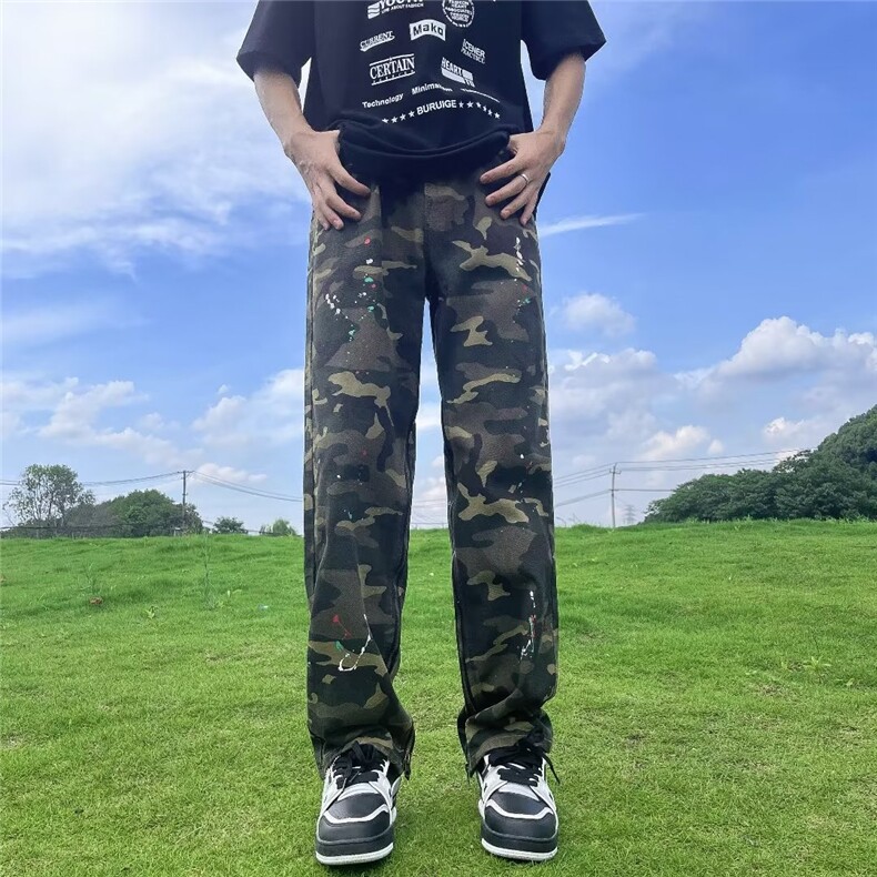 美式高街迷彩做旧水洗休闲裤直筒宽松潮流百搭男士牛仔裤J925-P75,男装休闲裤,星座1109-3