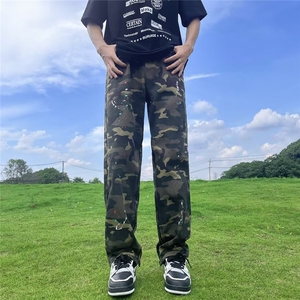 美式高街迷彩做旧水洗休闲裤直筒宽松潮流百搭男士牛仔裤J925-P75